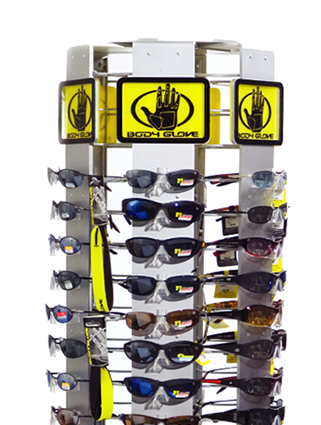 Modular sunglass display can be configured as a counter or floor display. Engineered wood, rubber matting, styrene, powdercoated wire materials